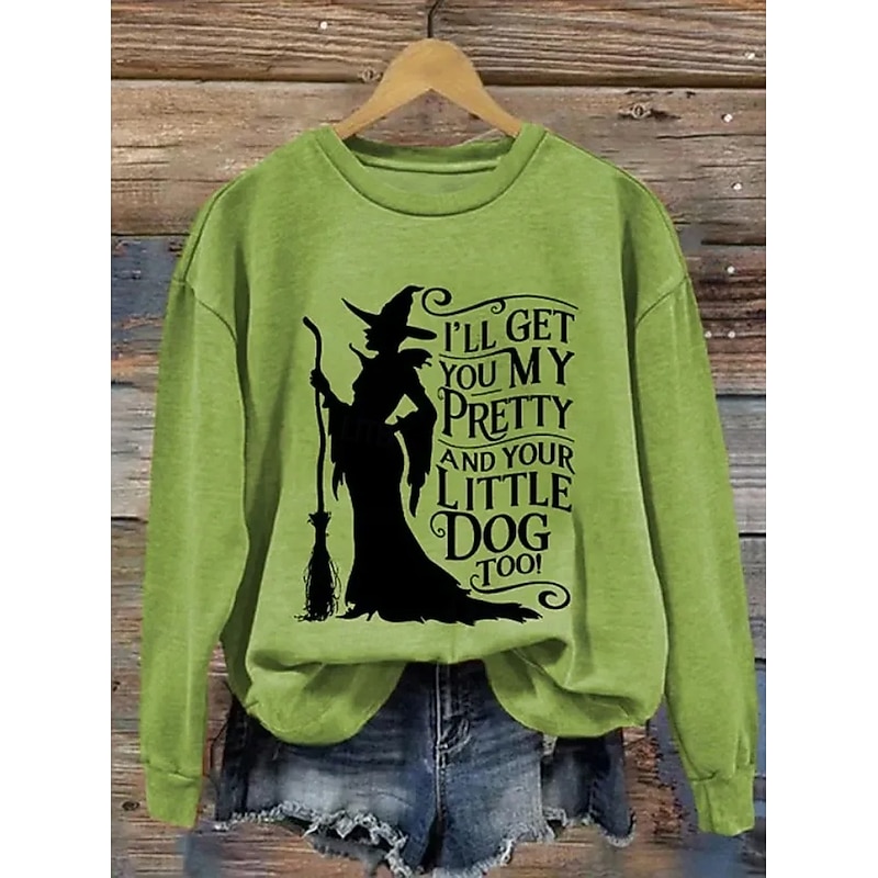 Halloween Women's Pullover Sweatshirt Witch Graphic Fashion Casual Long Sleeve Crew Neck Regular Tops Street Dailywear Casual Print White Purple Green Gray Fall Winter4