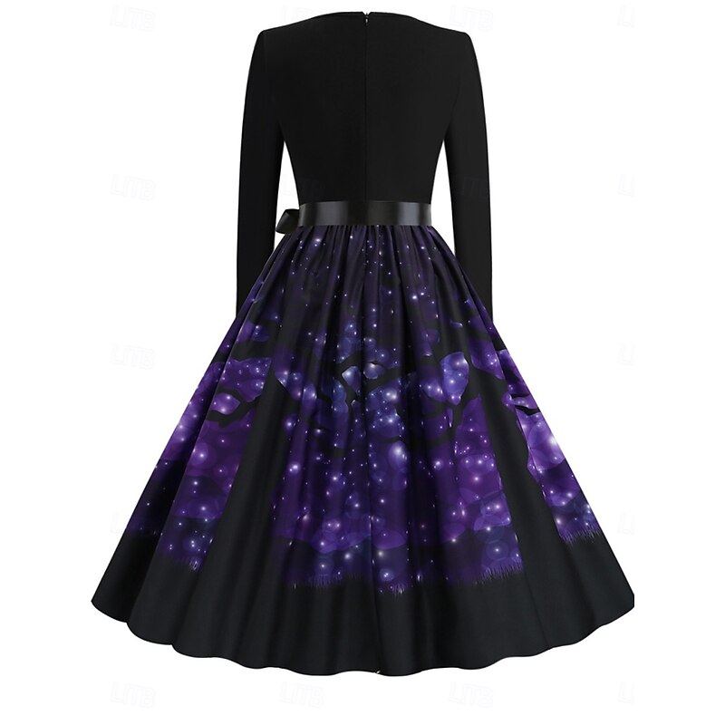 Halloween Women's Pumpkin Print Midi Dress A Line Dress Casual Daily Holiday Regular Fit Pumpkin Long Sleeve V Neck Yellow Blue Purple Orange Summer Spring Fall4