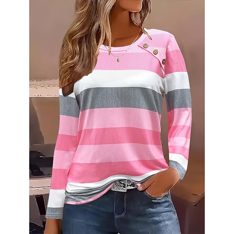 Women's T Shirt Graphic Striped Vintage Stylish Classic Long Sleeve Crew Neck Regular Tops Daily Going out Weekend Buttons Print Pink Spring Fall Winter