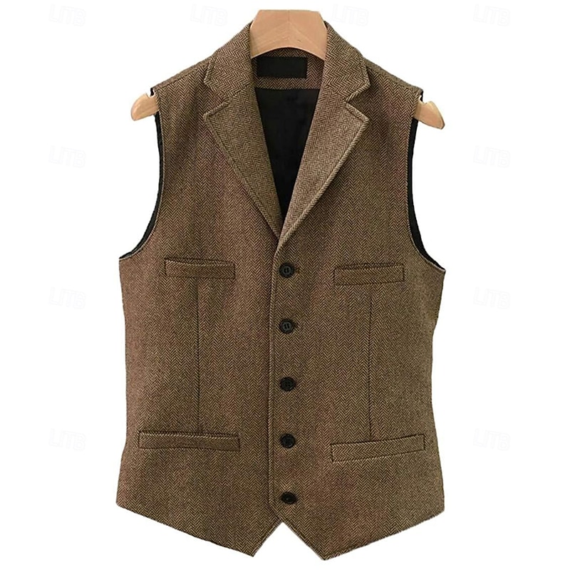 Men's Vest Waistcoat Formal Wedding Vacation Daily Fashion Classic Spring Fall Pocket Buttons Wool Acrylic Comfortable Plain Herringbone Single Breasted Lapel Regular Fit Black Champagne Red Burgundy3