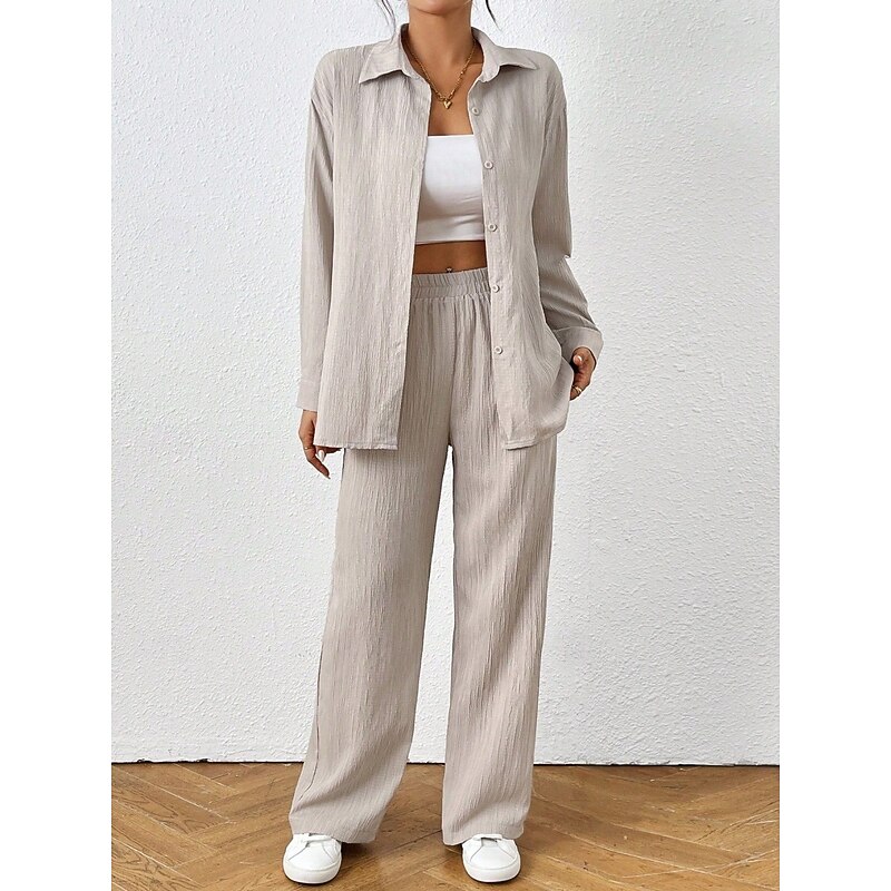 Women's Fashion Streetwear Pants Sets Long Sleeve Shirt Collar Solid Color Daily Wear Date Black Beige Gray Spring Regular Fit2