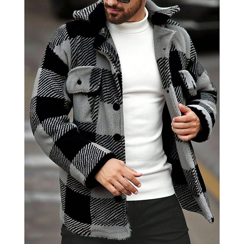 Men's Shirt Jacket Fleece Jacket Casual Jacket Vacation Daily Thermal Warm Pocket Fall Winter Plaid Fashion Classic Lapel Regular Dark Gray Jacket