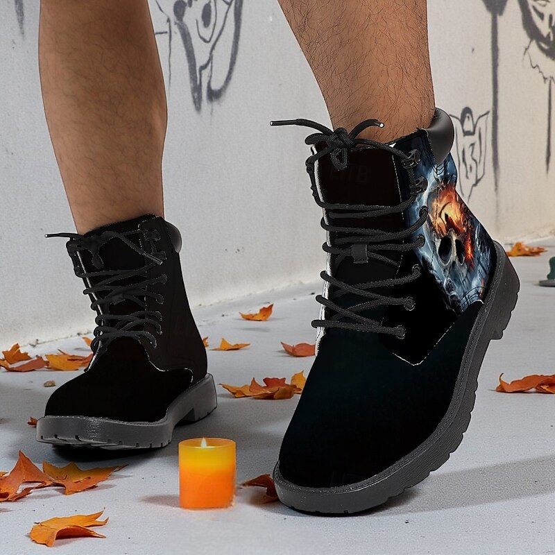 Men's Combat Boots with Fiery Skull Print – Gothic Halloween Style Ankle Boots for Party, Cosplay and Outdoor Wear3