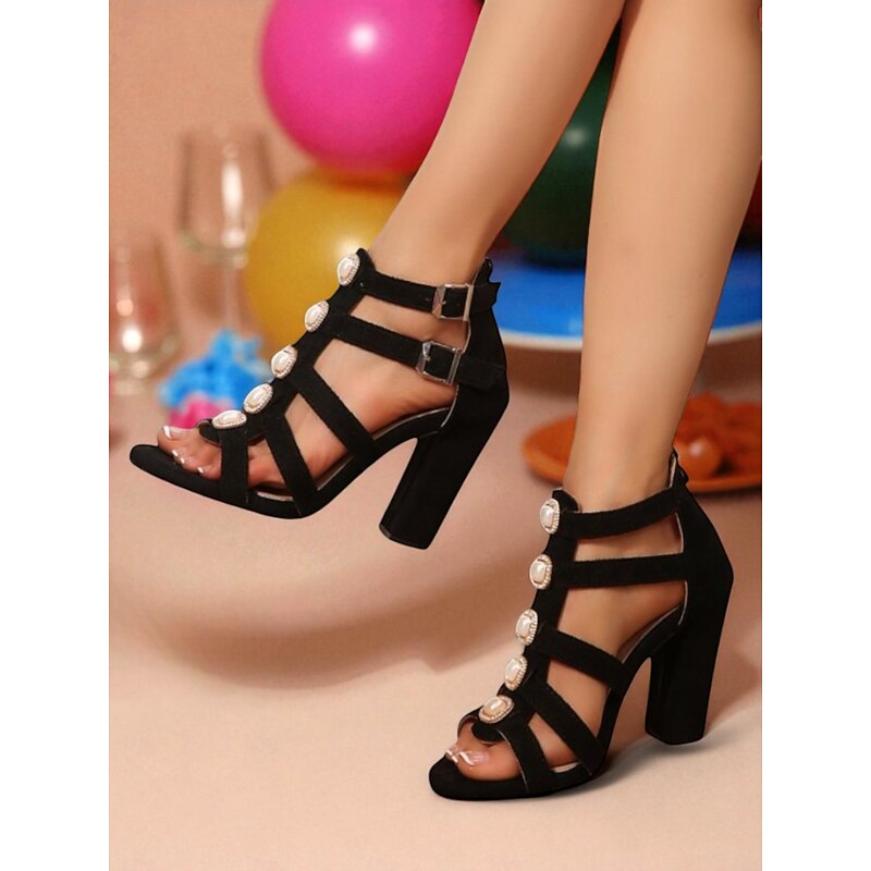 Women's Black Suede Block Heel Sandals - Strappy Open Toe Party Shoes with Pearl and Rhinestone Embellishments, Chic Footwear for Nightlife, Clubs and Evening Events4