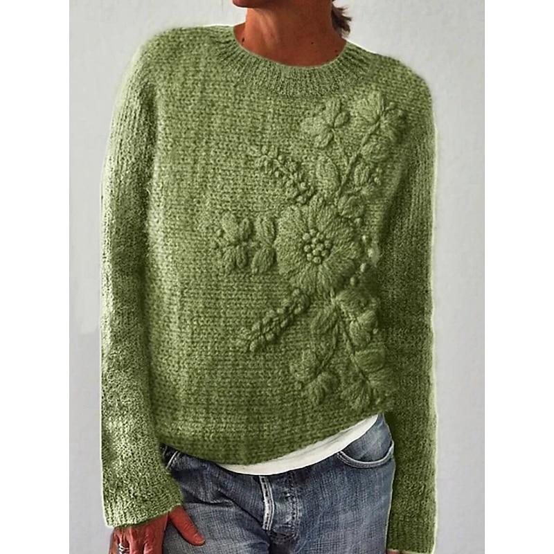 Women's Sweater Pullover Vacation Daily Casual Floral Ribbed Crew Neck Print Long Sleeve Regular Tops Knit Outdoor Daily Holiday White Green Fall Winter3