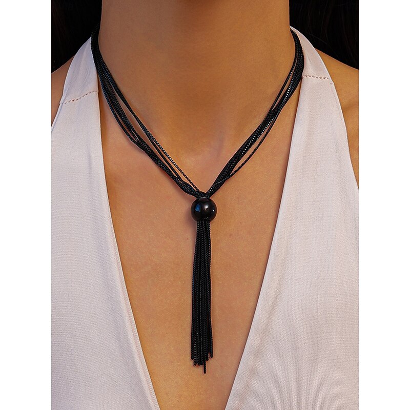 Women's Gold Tassel Pendant Necklace - Multi-Strand Chain Choker with Polished Bead Accent for Evening Wear and Party Outfits3
