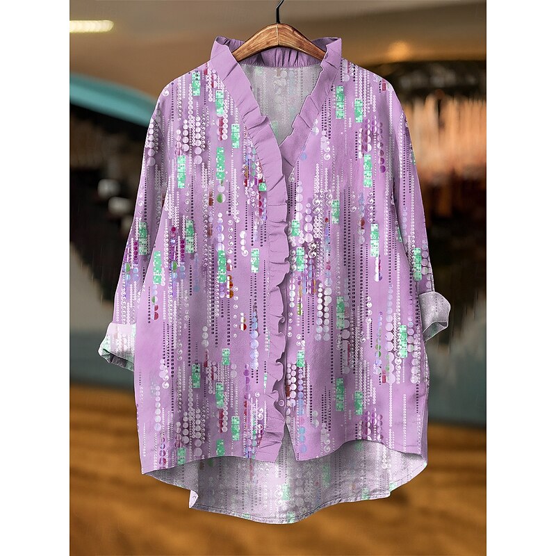 Women's Blouse Graphic Geometric Elegant Active Vintage Long Sleeve Daily Holiday Ruffle Pink Blue Purple Green Summer Spring Fall3