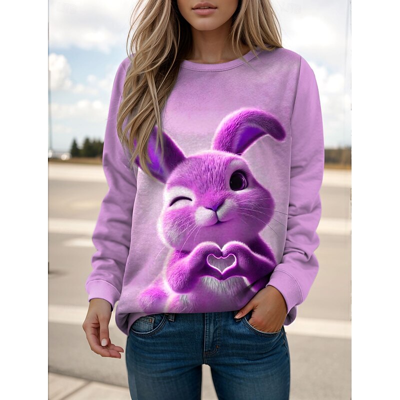 Women's Pullover Sweatshirt Graphic Animal Rabbit Casual Long Sleeve Crew Neck Regular Tops Street Casual Holiday Print Pink Blue Purple Green Khaki Spring Fall Winter4
