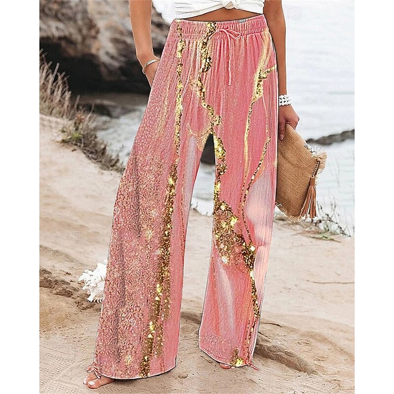 Women's Wide Leg Pants Trousers Palazzo Pants Fashion Boho Full Length High Waist Graphic Drawstring Elastic Waist Print Breathability Comfortable Street Daily Wear Going out Pink Spring Fall Regular