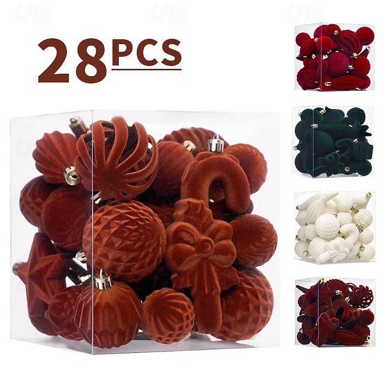 28 pcs Christmas Tree Balls Baubles Ornaments, Xmas Decoration, Velvet Shaped Hanging Set, Premium Holiday Tree Decor for Christmas Celebration