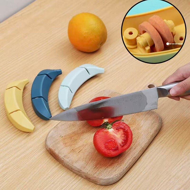 3 pcs Banana Knife Sharpener, Kitchen Knife and Scissor Sharpener Tool, Dual-Stage Banana Shape Knife Grinder for Home Cooking