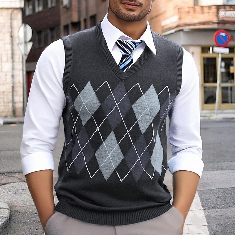 Men's Sweater Vest Dress Sweater Pullover Sweater Jumper Vest Knit Sweater Ribbed Knit Regular Tops Knitted Argyle V Neck Fashion Casual Vacation Daily Wear Clothing Apparel Fall & Winter Black Dark2