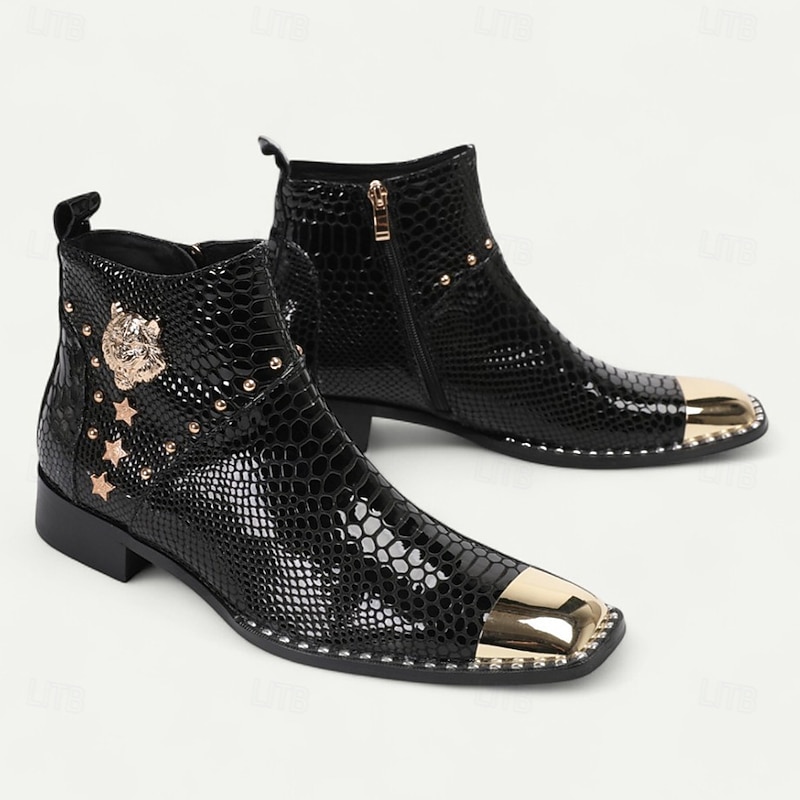 Men's Black Crocodile Print Boots with Gold Toe Cap – Rock Punk Faux Leather Ankle Shoes for Parties, Performances and Nightlife4
