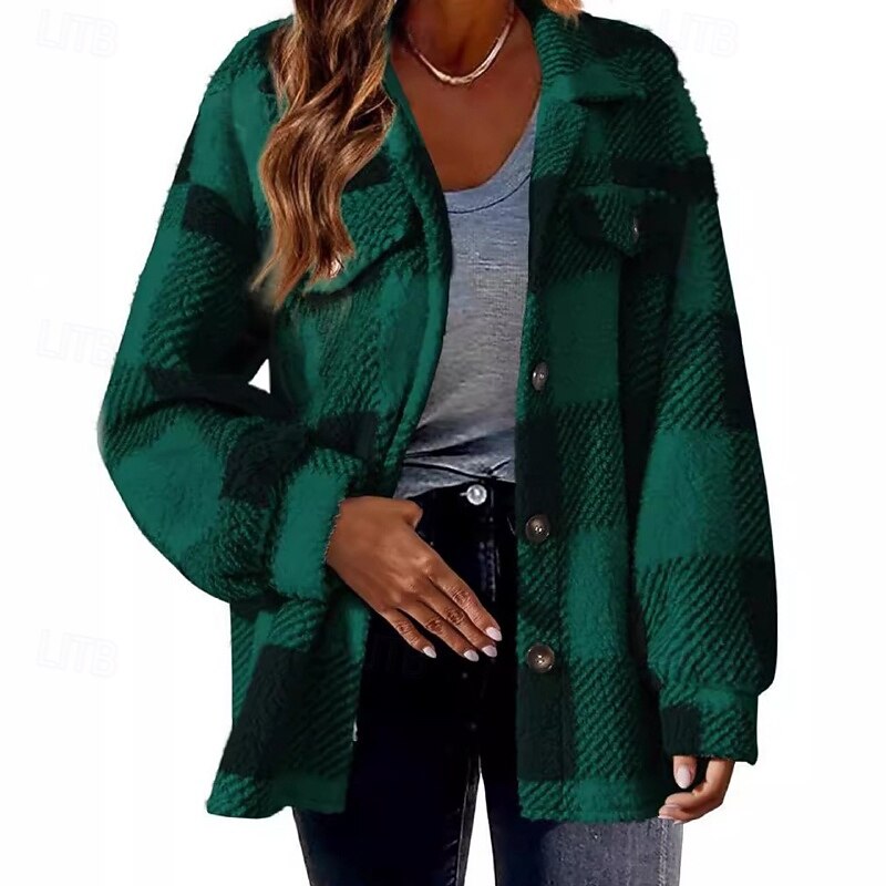 Women's Sherpa Jacket Casual Jacket Warm Comfortable Pocket Buttons Casual Plaid Holiday Going out Single Breasted Regular Turndown Regular Fit Long Sleeve Outerwear Blue Green Dark Gray Fall Winter3