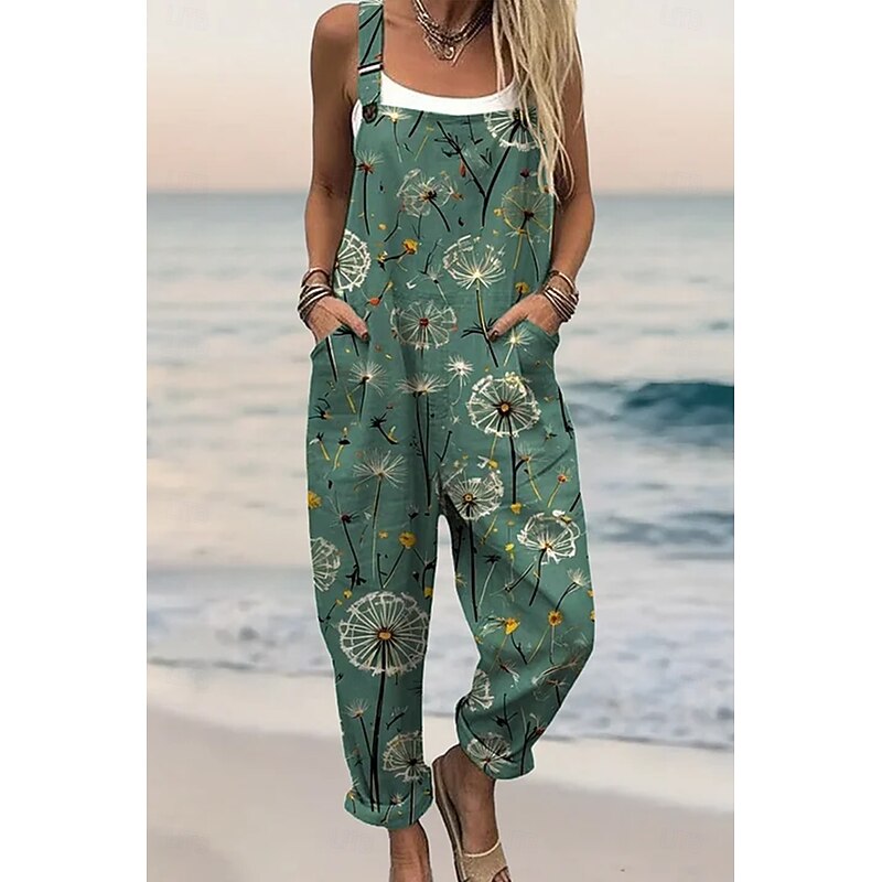 Women's Dungarees Active Floral Sleeveless Sleeveless Straight Square Neck Pocket with Pocket Vacation Daily Loose Fit Pink Red Green Summer2