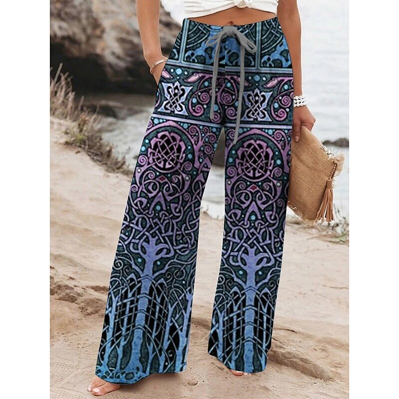 Women's Wide Leg Pants Trousers Vintage Ethnic Style Long High Waist Graphic Prints Elastic Waist Printing High Cut Breathability Soft Micro-elastic Vacation Street Daily Wear Red Blue Purple Green2
