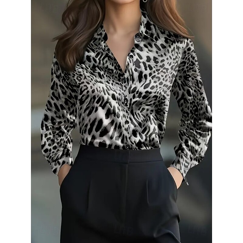 Women's Work Shirt Graphic Leopard Elegant Stylish Basic Long Sleeve Shirt Collar Regular Tops Work Party Evening Wear Daily Brown Gray Summer Fall Winter Spring, Fall, Winter, Summer3