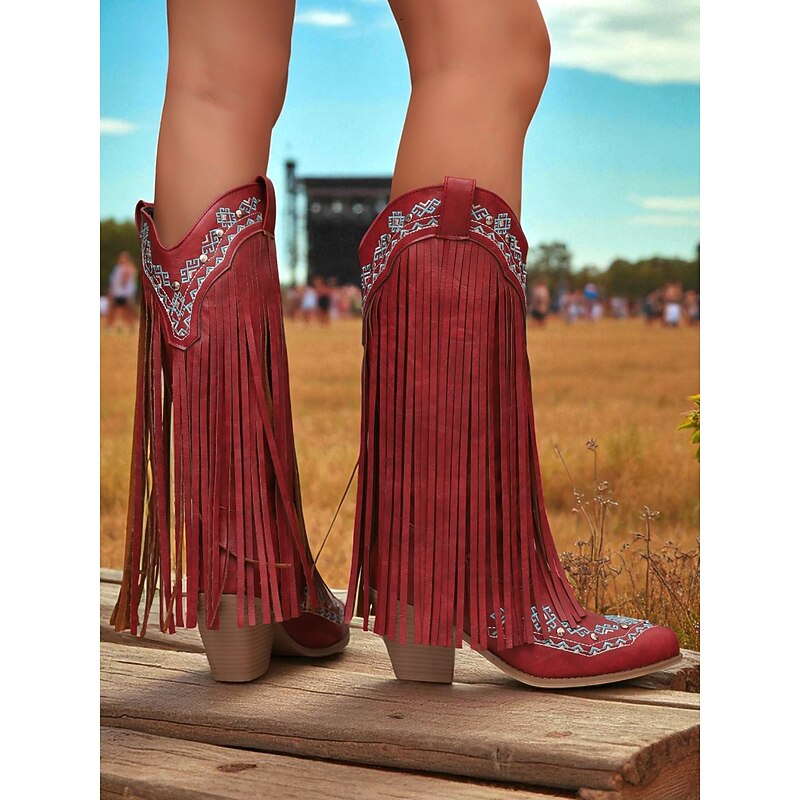 Women's Red Fringe Western Cowboy Boots with Embroidered Details – Retro Festival Knee-High Riding Boots for Rodeo, Music Festivals and Country Style Outfits4
