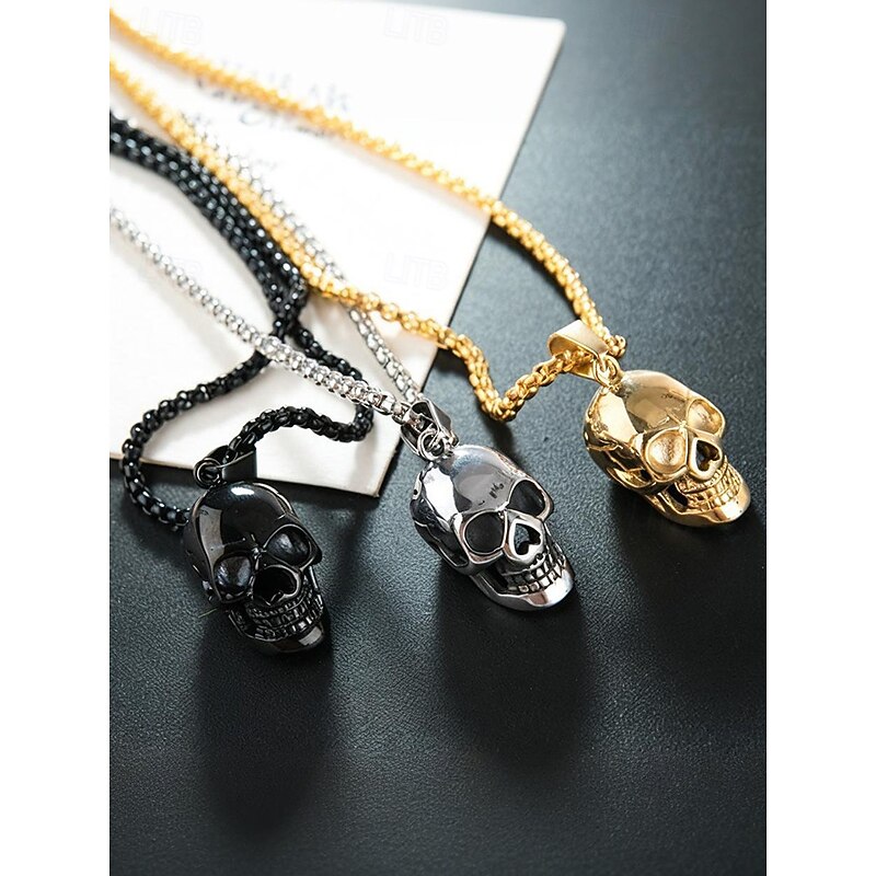 Men's Halloween Skull Pendant Necklace – Gothic Metal Alloy 3D Skull on Cuban Chain, Polished Gold/Silver/Black, Adjustable Clasp – Biker Punk Style for Costume Party, Cosplay & Night Out