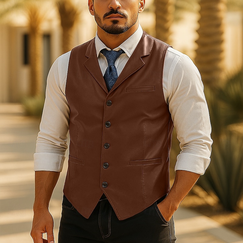 Men's Western Vest Waistcoat Leather Vest Formal Vacation Casual Daily Vintage Cowboy Spring Fall Pocket Buttons 100% Polyester PU Leather Comfortable Plain Single Breasted Notch lapel collar Slim