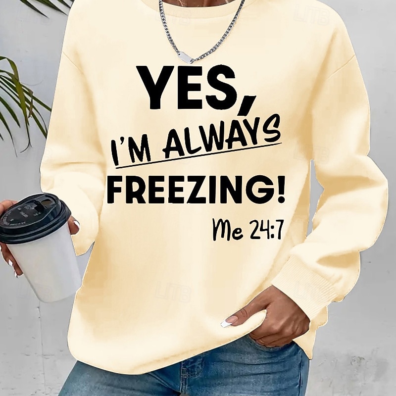 Women's Fleece Lined Pullover Sweatshirt Pajamas Yes Im Cold Letter Streetwear Casual Long Sleeve Crew Neck Regular Tops Holiday Going out Print Black Red Orange Green Dark Gray4