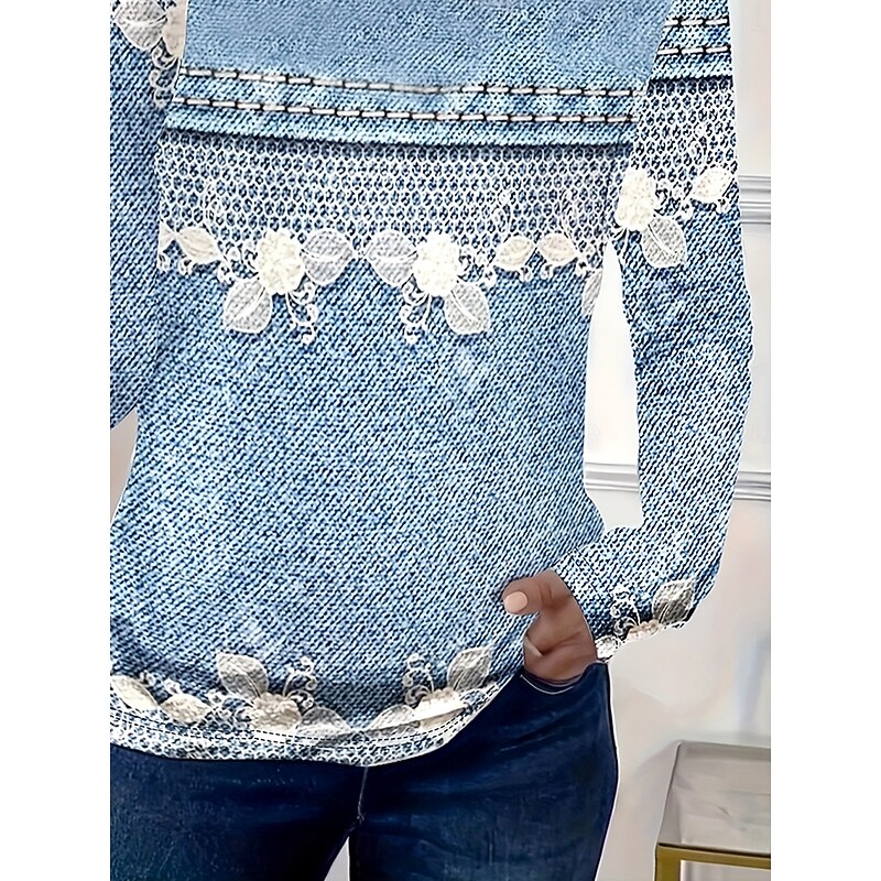 Women's T shirt Long Sleeve Floral Graphic 3D Vintage Stylish Casual Long Sleeve Crew Neck Round Neck Regular Tops Daily Print Light Blue Fall Winter Prefall3