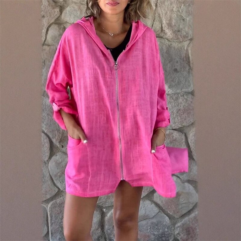 Women's Casual Jacket Hoodie Jacket Comfortable Breathable Zipper Pocket Fashion Modern Casual Plain Going out Weekend Zipper Regular Hooded Regular Fit Long Sleeve Outerwear Rose Gray Spring Fall