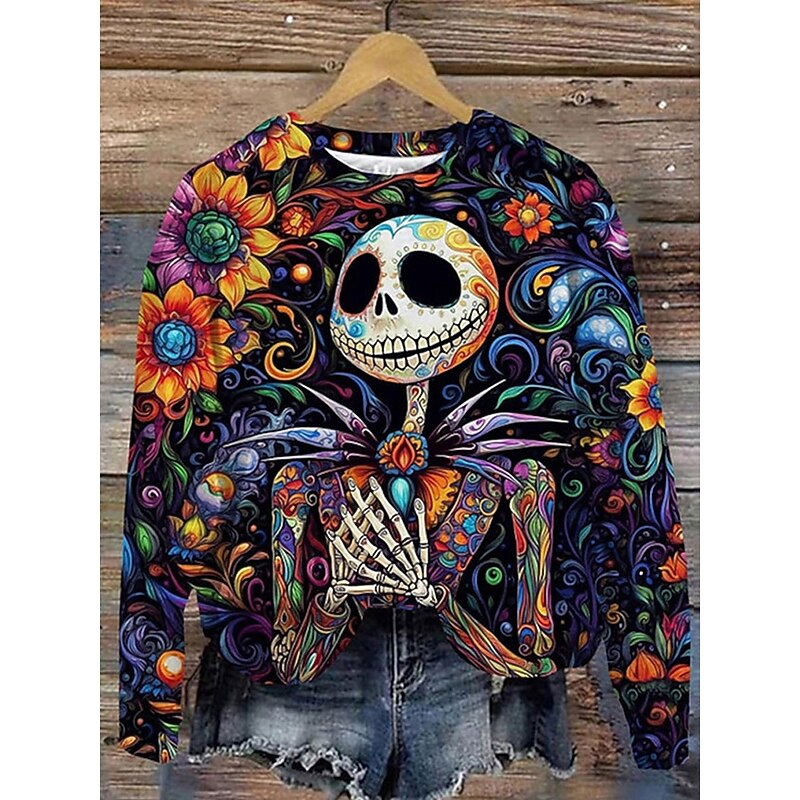 Halloween Women's Pullover Skulls Graphic Casual Long Sleeve Crew Neck Regular Tops Street Dailywear Casual Print Red Orange Fall Winter2