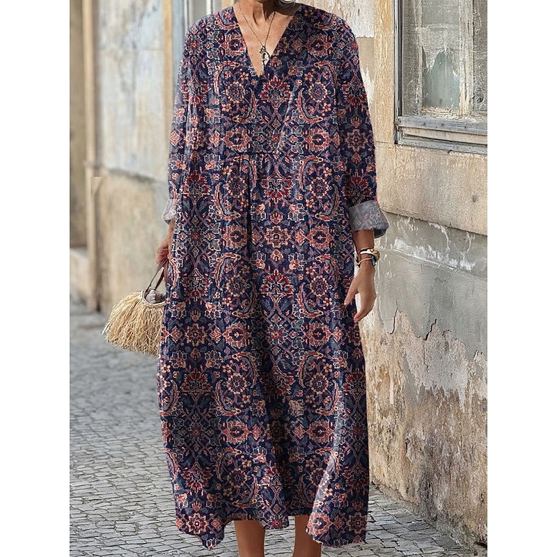 Women's Maxi Dress Sundress A Line Dress Vacation Casual Boho Holiday Loose Fit Graphic Geometric Long Sleeve V Neck Dark Brown Blue Purple Brown Summer Spring Fall4