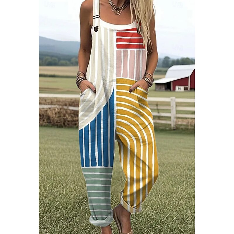 Women's Dungarees Active Graphic Sleeveless Sleeveless Straight Square Neck Pocket Vacation Daily Loose Fit White Blue Green Summer2