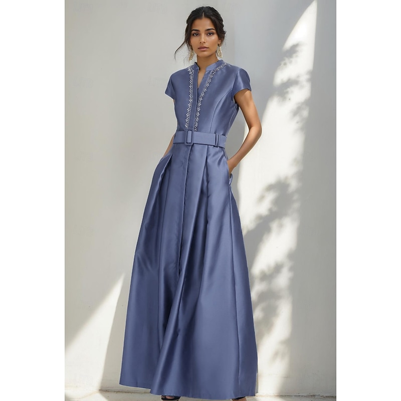 A-Line Evening Gown Elegant Dress Formal Wedding Floor Length Short Sleeve Shirt Collar Satin with Pleats Crystals Side Pockets