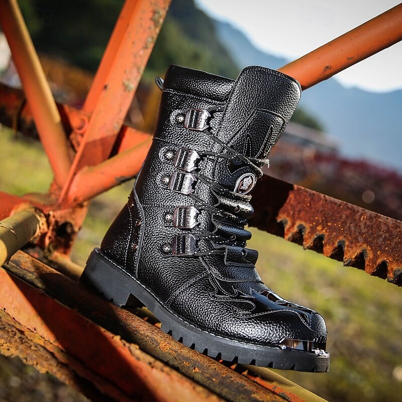 Men's Black Combat Boots with Buckle Straps – Gothic Punk High-Top Military Boots for Streetwear, Cosplay and Outdoor Festivals3