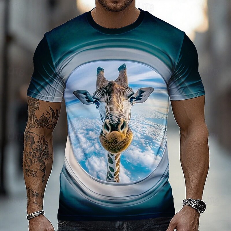 Men's Giraffe 3D Funny T Shirt Short Sleeve T shirt 3D Print Crew Neck Shirt Exaggerated Designer Party Holiday Blue Khaki Summer Spring Clothing Apparel S M L XL XXL XXXL