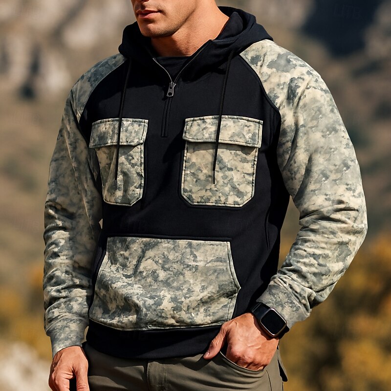 Men's Hoodie Quarter Zip Hoodie Tactical Hoodie Camo Hoodie Wine Red Black Army Green Royal Blue Khaki Hooded Camouflage Zipper Sports & Outdoor Casual Daily Streetwear Cool Sportswear Spring &  Fall