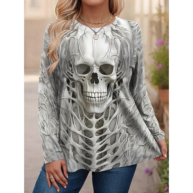 Halloween Women's Plus Size Tops T Shirt Graphic Print Long Sleeve Crew Neck Casual Daily Polyester Fall Winter Black White