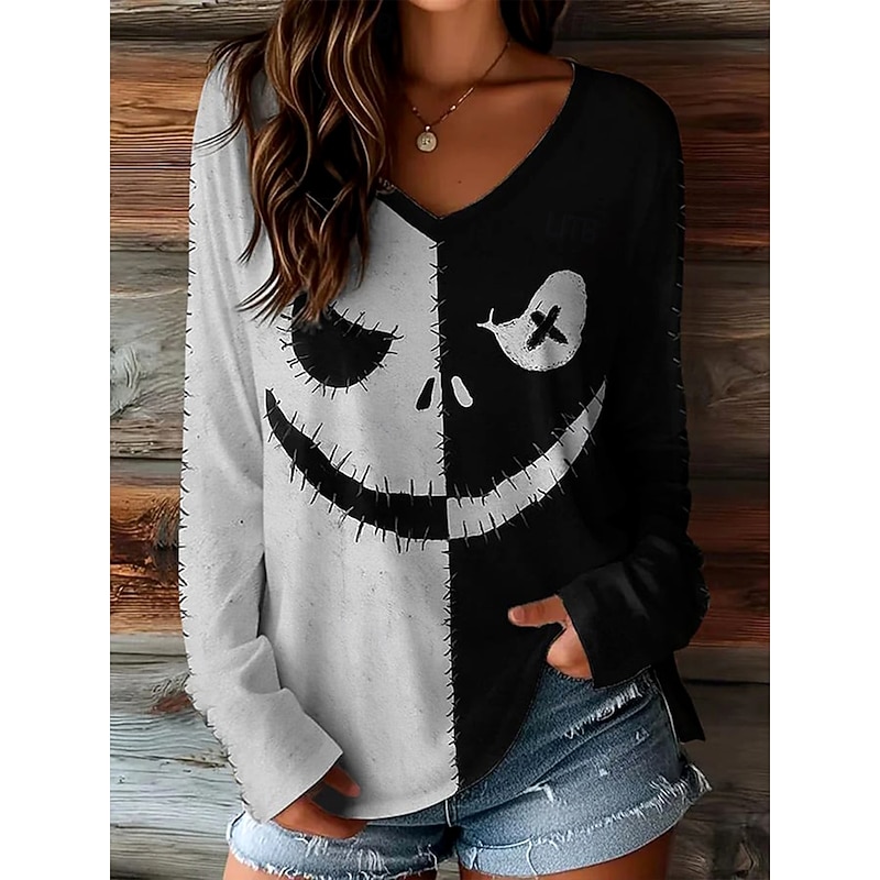 Halloween Women's T shirt Monster Graphic Skull Pumpkin Vintage Stylish Classic Long Sleeve V Neck Regular Tops Daily Weekend Print Black Fall Winter