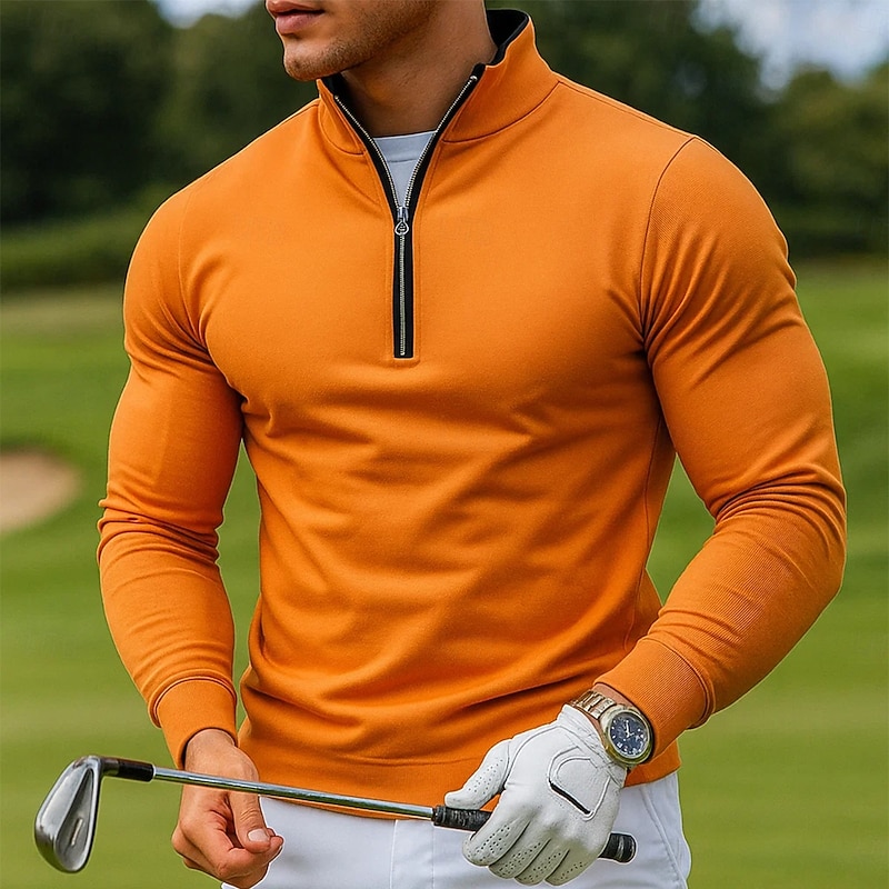 Men's Polo Shirts Quarter Zip Polo Vacation Street High Neck Quarter Zip Long Sleeve Fashion Basic Solid Color Plain Pocket Spring &  Fall All Seasons Slim Fit Orange Polo Shirts