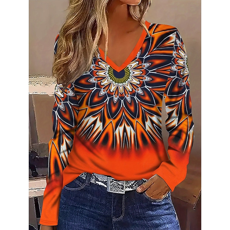 Women's T Shirt Ombre Graphic Geometric Vintage Stylish Casual Long Sleeve V Neck Regular Tops Daily Print Yellow Blue Orange Spring Fall