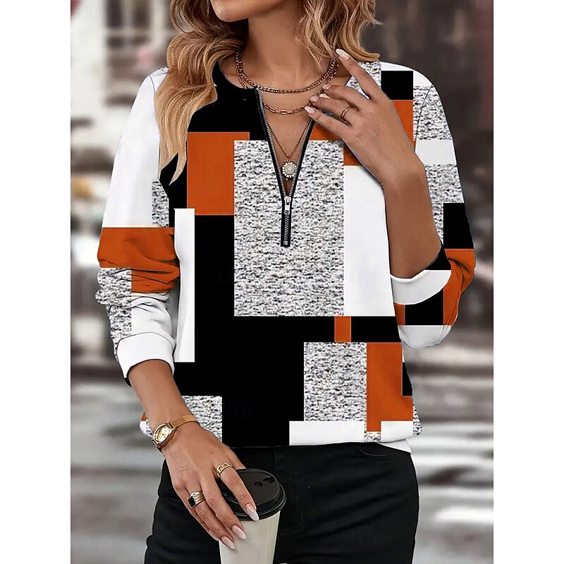 Women's Pullover Sweatshirt Zip Up Sweatshirts Graphic Geometric Color Block Fashion Casual Long Sleeve Crew Neck Regular Tops Street Dailywear Zipper Print Red Blue Purple Orange Green Fall Winter4