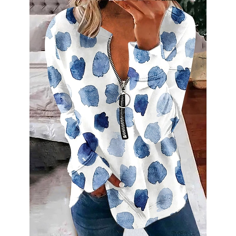 Women's Pullover Sweatshirt Zip Up Sweatshirts Graphic Geometric Polka Dot Fashion Casual Long Sleeve Crew Neck Regular Tops Street Dailywear Zipper Print Blue Spring Fall Winter