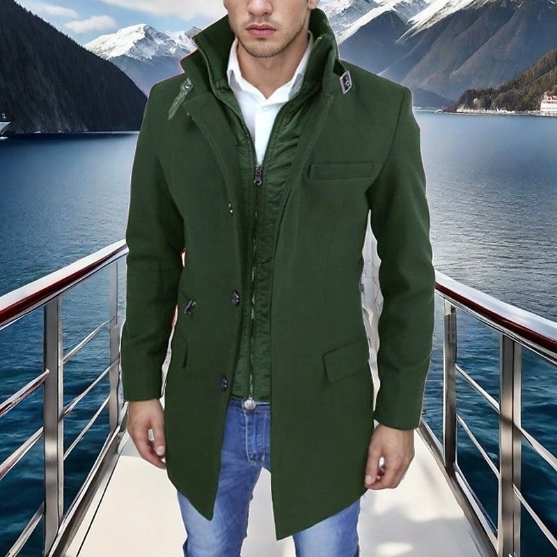 Men's Peacoat Trench Coat Vacation Daily Fall Winter Polyester Windproof Outerwear Clothing Apparel Fashion Classic Plain Pocket Lapel Zipper