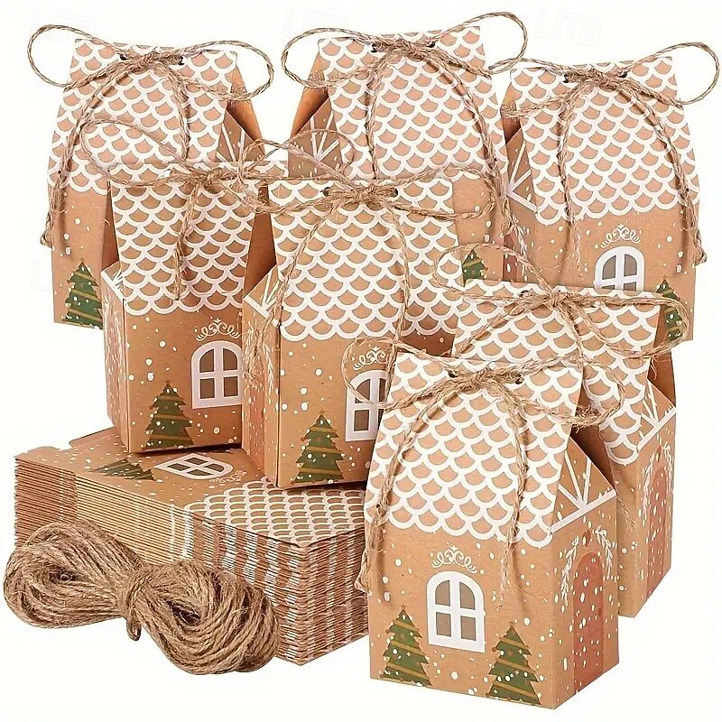 25/50PCS Christmas Kraft Paper Mini House Gift Bags, Party Favor Bags, Wedding and Holiday Gift Boxes, Perfect for Christmas, Winter, and New Year Celebrations