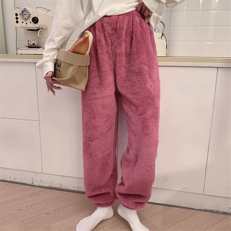 Women's Fleece Pants Slacks Straight Chino Plus velvet Full Length Natural Plain Elastic Waist Comfortable Home Casual Daily Dark Brown Pink Brown Green Winter Regular Fit2