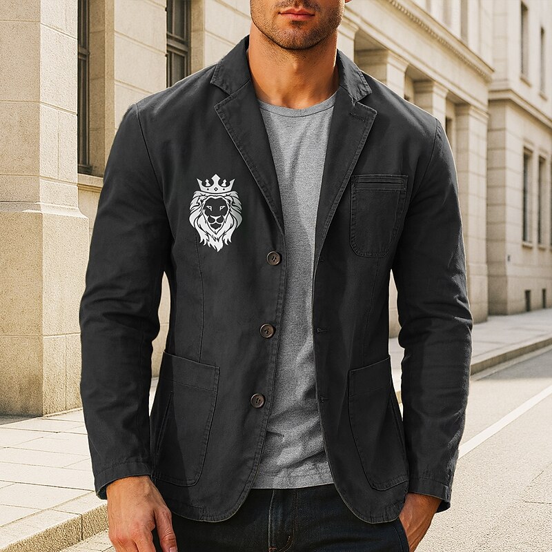 Men's Lion Animal Patterned Blazer Cotton Suit Jacket Suits Coat Casual Outdoor Dailywear Multiple Pockets Three Button Stripe Lined Suit Jacket Fall Winter Notch lapel collar Long Sleeve Black khaki