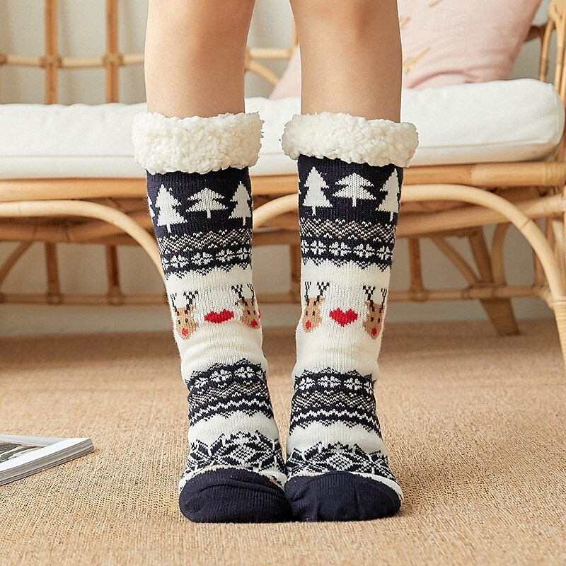 Christmas Slipper Socks for Women, Fuzzy Plush Floor Socks with Anti-Slip Grips, Thick Warm Indoor Sleep Socks, Cozy Snow Boot Covers, Winter Thermal Home Socks