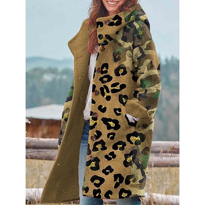 Women's Winter Jacket Fleece Jacket Coat Warm Breathable Pocket Buttons Print Active Daily Casual Leopard Vacation Street Daily Single Breasted Long Hoodie Regular Fit Long Sleeve Outerwear Black3