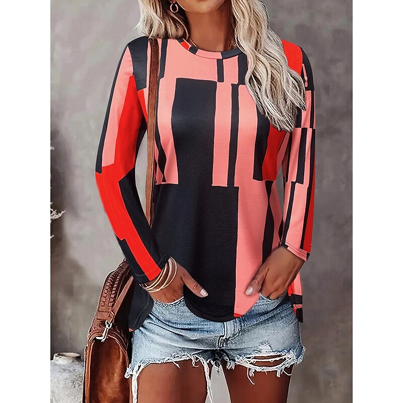 Women's T Shirt Graphic Geometric Vintage Stylish Casual Long Sleeve Crew Neck Regular Tops Daily Print Red Blue Purple Brown Spring Fall Winter3