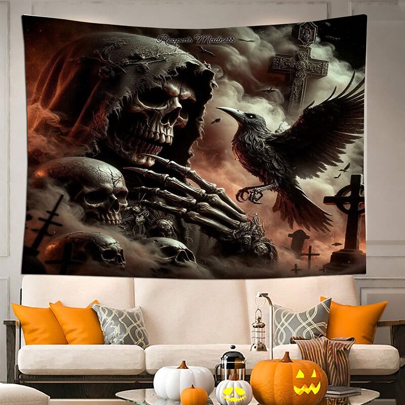 Halloween Skeleton Tapestry – Creepy Graveyard Scene Wall Hanging with Undead Skeletons Rising from Tomb, Horror Wall Decoration for 2025 Halloween Bedroom or Party deco2