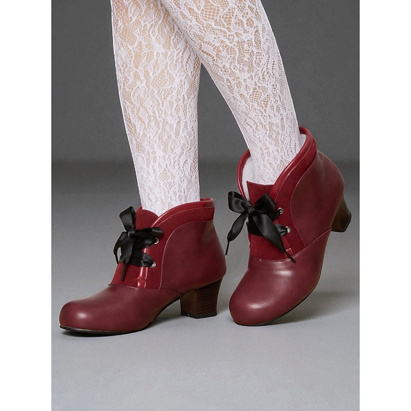 Women's 1900s Victorian-Inspired Burgundy Ankle Boots – Faux Leather Lace-Up Heeled Booties with Ribbon Bow for Daily Wear & Vintage Outfits