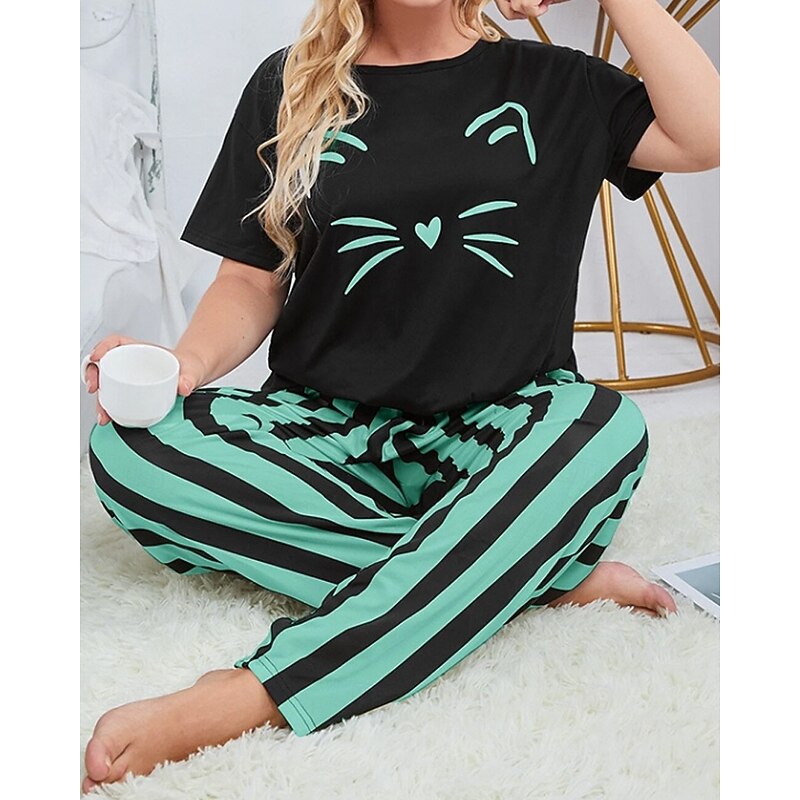 Women's Active Blouse Pants Sets Short Sleeve Crew Neck Cat Striped Print Vacation Casual Daily Black Yellow Pink Fall Regular Fit2